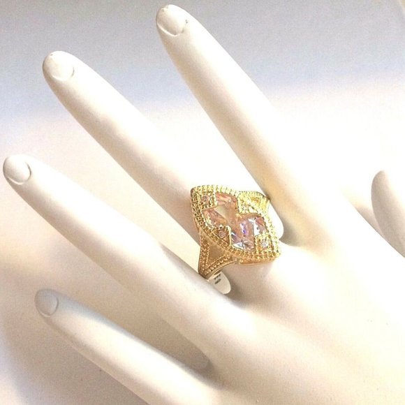 Art Deco Cocktail Ring Size 9 Gold Plated Marquis Cubic Zirconia Statement - Picture 6 of 11